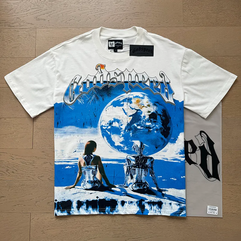 3005# P110 Real shot Godspeed American fashion rock street retro loose printed cotton short sleeves Fabric: 240g 32 count fine cotton double yarn pure cotton Color: off-white Size: S M L XL