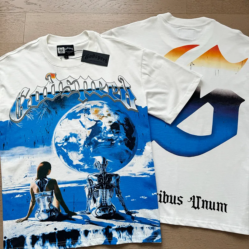 3005# P110 Real shot Godspeed American fashion rock street retro loose printed cotton short sleeves Fabric: 240g 32 count fine cotton double yarn pure cotton Color: off-white Size: S M L XL
