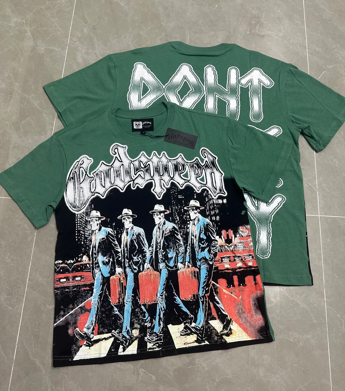 5116# Matcha green I P106 Godspeed cross-border American rock and roll street wash retro style short-sleeved T (craft printing) fabric (fabric): 32 count combed double yarn 240 grams weight code number (size): S-M-L-XL color (colour): matcha green