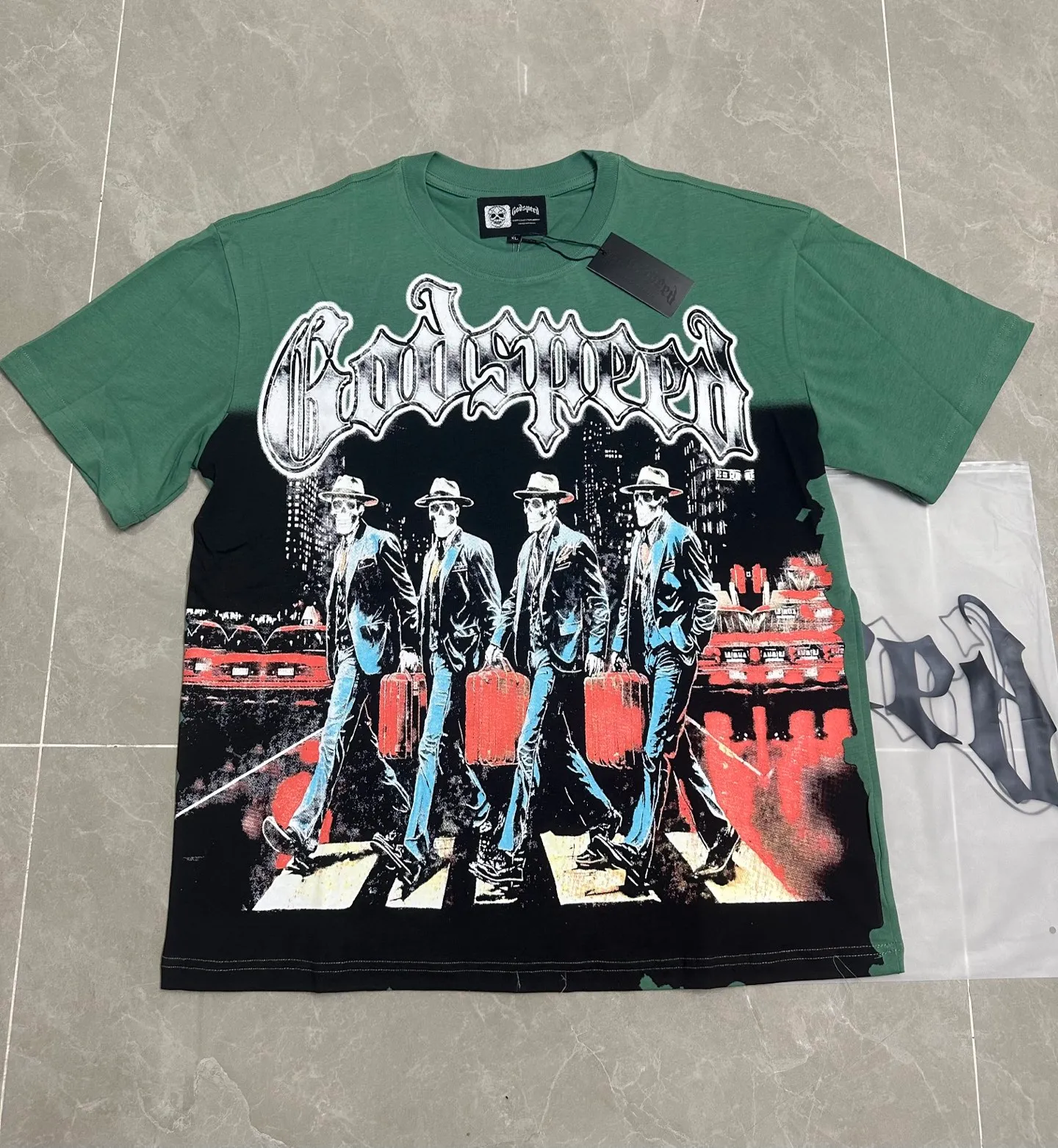 5116# Matcha green I P106 Godspeed cross-border American rock and roll street wash retro style short-sleeved T (craft printing) fabric (fabric): 32 count combed double yarn 240 grams weight code number (size): S-M-L-XL color (colour): matcha green
