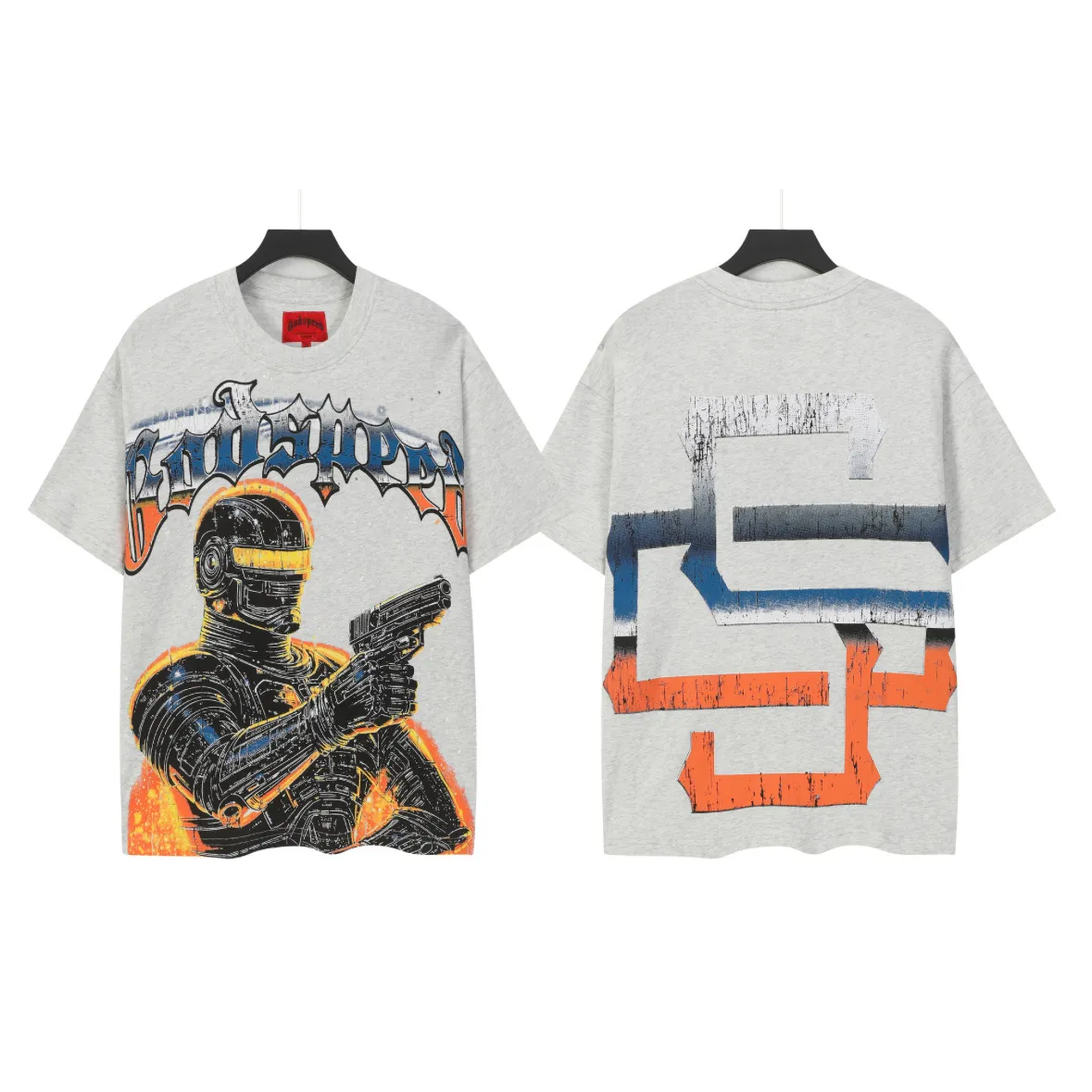 5106# light gray | P106 Godspeed cross-border American rock and roll street washed retro style short-sleeved T (craft printing) fabric (fabric) 32 counts combed double yarn 240 grams weight code number (size): S-M-L-XL color (colour): light gray