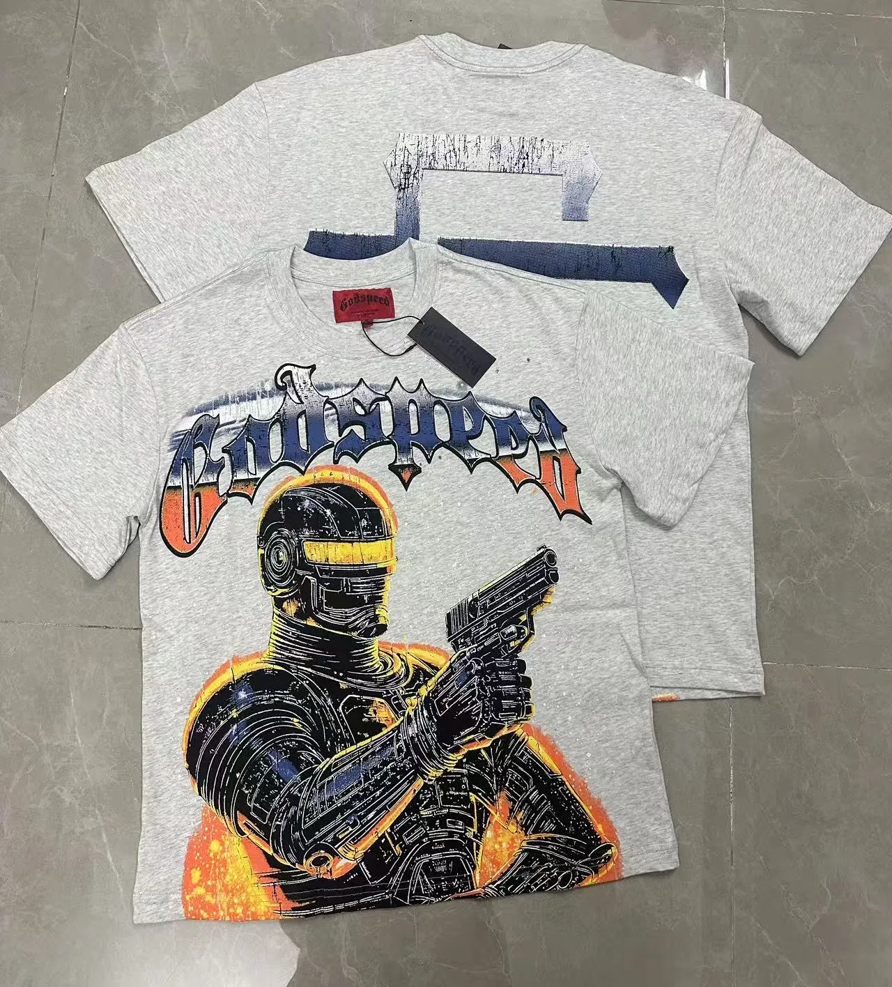 5106# light gray | P106 Godspeed cross-border American rock and roll street washed retro style short-sleeved T (craft printing) fabric (fabric) 32 counts combed double yarn 240 grams weight code number (size): S-M-L-XL color (colour): light gray