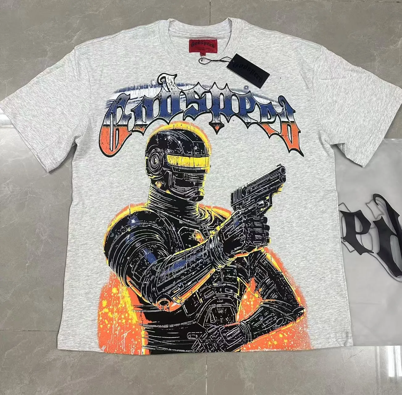 5106# light gray | P106 Godspeed cross-border American rock and roll street washed retro style short-sleeved T (craft printing) fabric (fabric) 32 counts combed double yarn 240 grams weight code number (size): S-M-L-XL color (colour): light gray