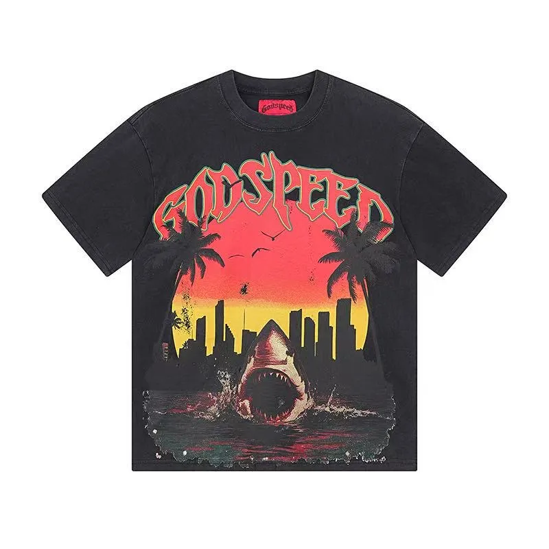 6045# washed black｜P116 Godspeed cross-border American rock and roll street washed retro style short-sleeved T (craft printing) fabric (fabric): 32 count combed double yarn 250 grams weight code (size): S-M-L-XL color (colour): washed black 👉