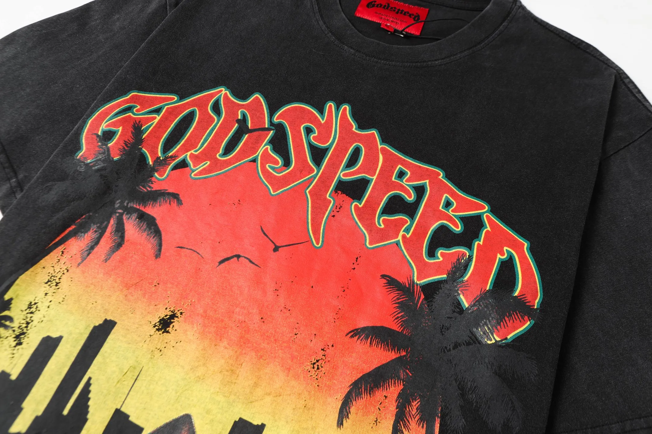 6045# washed black｜P116 Godspeed cross-border American rock and roll street washed retro style short-sleeved T (craft printing) fabric (fabric): 32 count combed double yarn 250 grams weight code (size): S-M-L-XL color (colour): washed black 👉