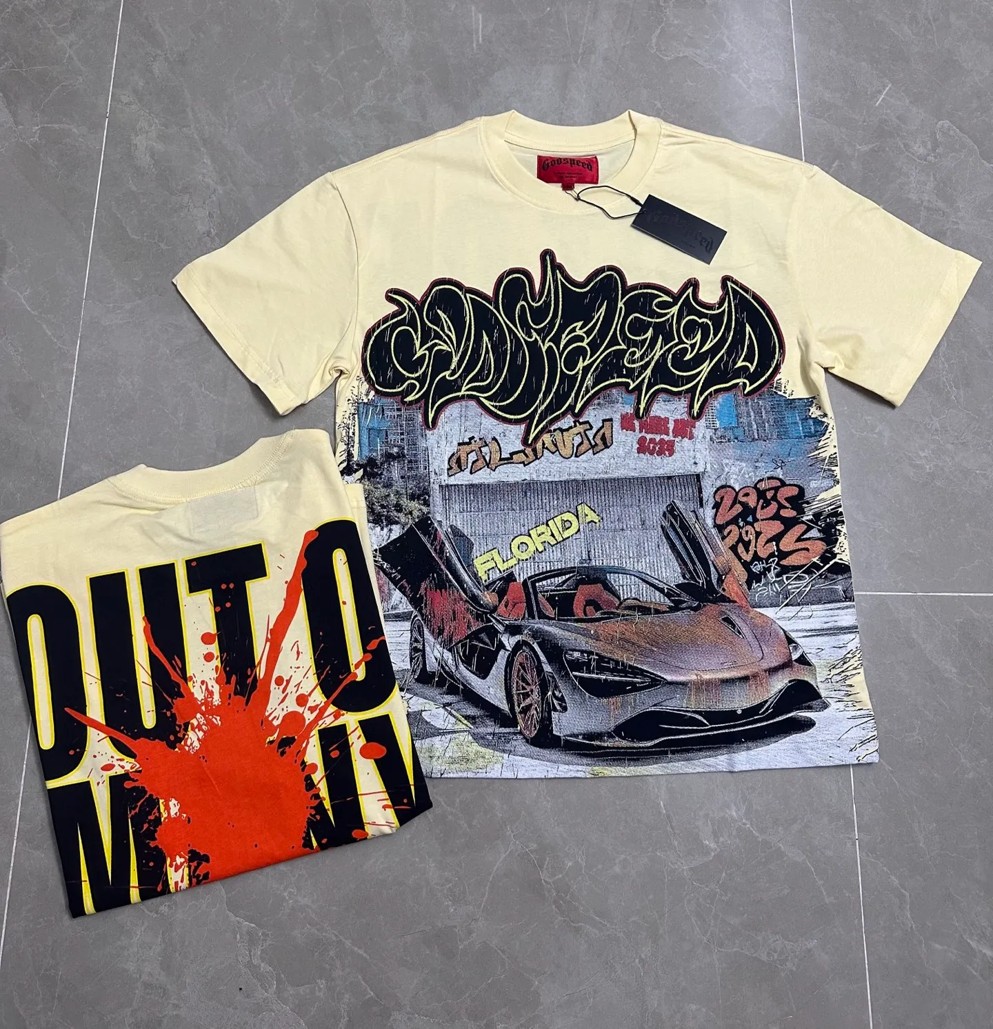 5139#Apricot color | P104 Real photos under high-definition effect Godspeed cross-border American rock and roll street washed retro style short-sleeved T (craft printing) fabric (fabric) 32 counts combed double yarn 240 grams weight code number (size): S-M-L-XL color (colour): apricot