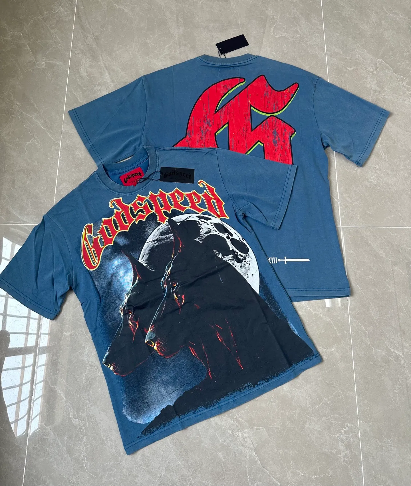 6001# washed denim blue (increased color) P116 godspeed cross-border European and American style street brand pure cotton T-shirt Fabric (fabric): 32 counts 250g washed combed double yarn pure cotton Size (size): S-M- L- X L Color (colour): washed denim blue/washed black