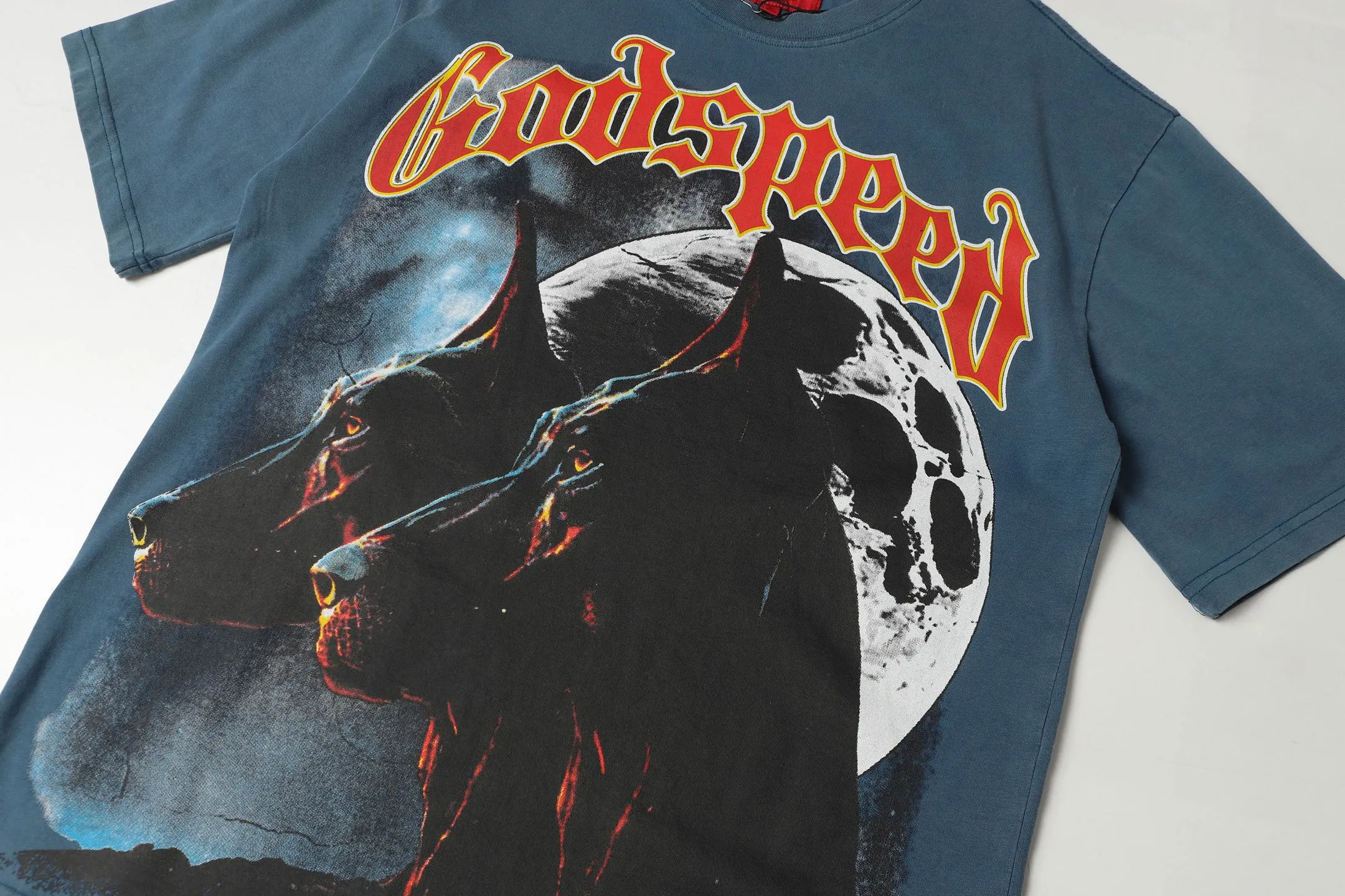 6001# washed denim blue (increased color) P116 godspeed cross-border European and American style street brand pure cotton T-shirt Fabric (fabric): 32 counts 250g washed combed double yarn pure cotton Size (size): S-M- L- X L Color (colour): washed denim blue/washed black