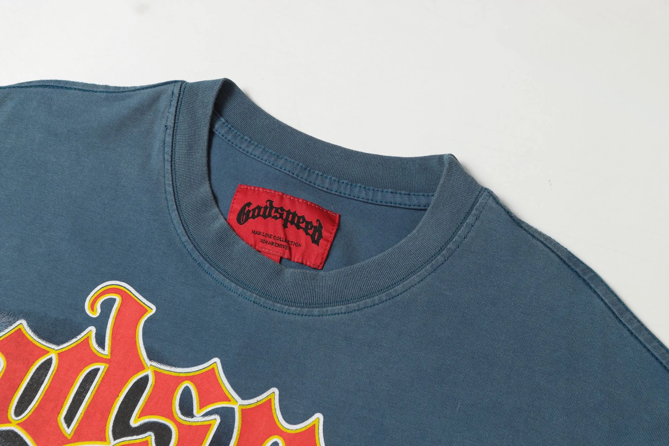 6001# washed denim blue (increased color) P116 godspeed cross-border European and American style street brand pure cotton T-shirt Fabric (fabric): 32 counts 250g washed combed double yarn pure cotton Size (size): S-M- L- X L Color (colour): washed denim blue/washed black