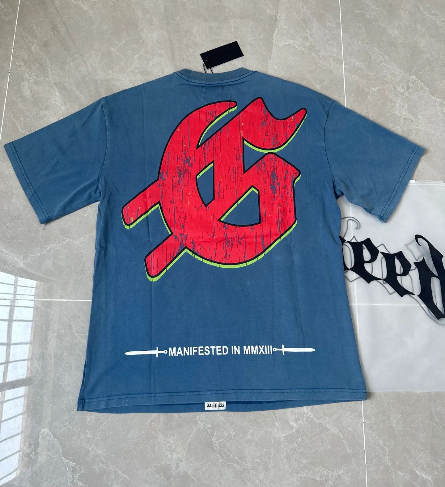 6001# washed denim blue (increased color) P116 godspeed cross-border European and American style street brand pure cotton T-shirt Fabric (fabric): 32 counts 250g washed combed double yarn pure cotton Size (size): S-M- L- X L Color (colour): washed denim blue/washed black