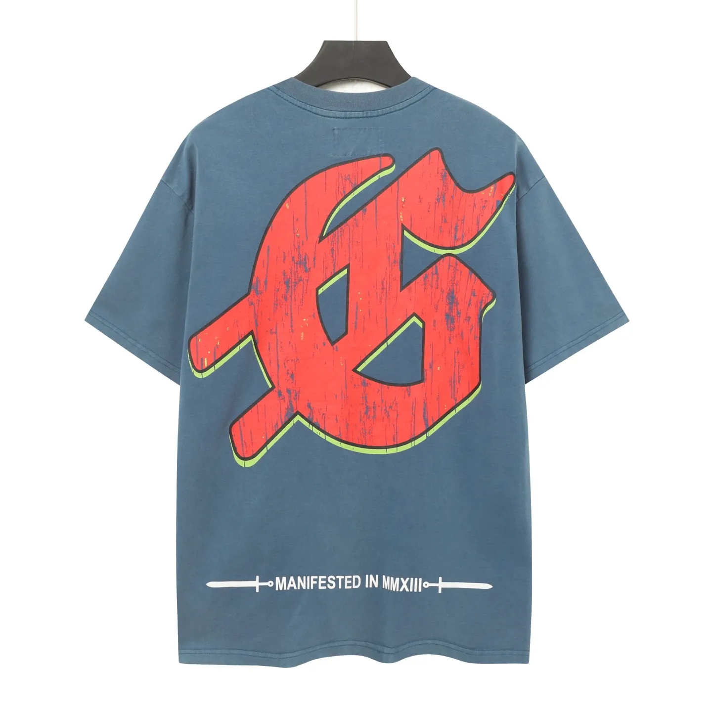 6001# washed denim blue (increased color) P116 godspeed cross-border European and American style street brand pure cotton T-shirt Fabric (fabric): 32 counts 250g washed combed double yarn pure cotton Size (size): S-M- L- X L Color (colour): washed denim blue/washed black