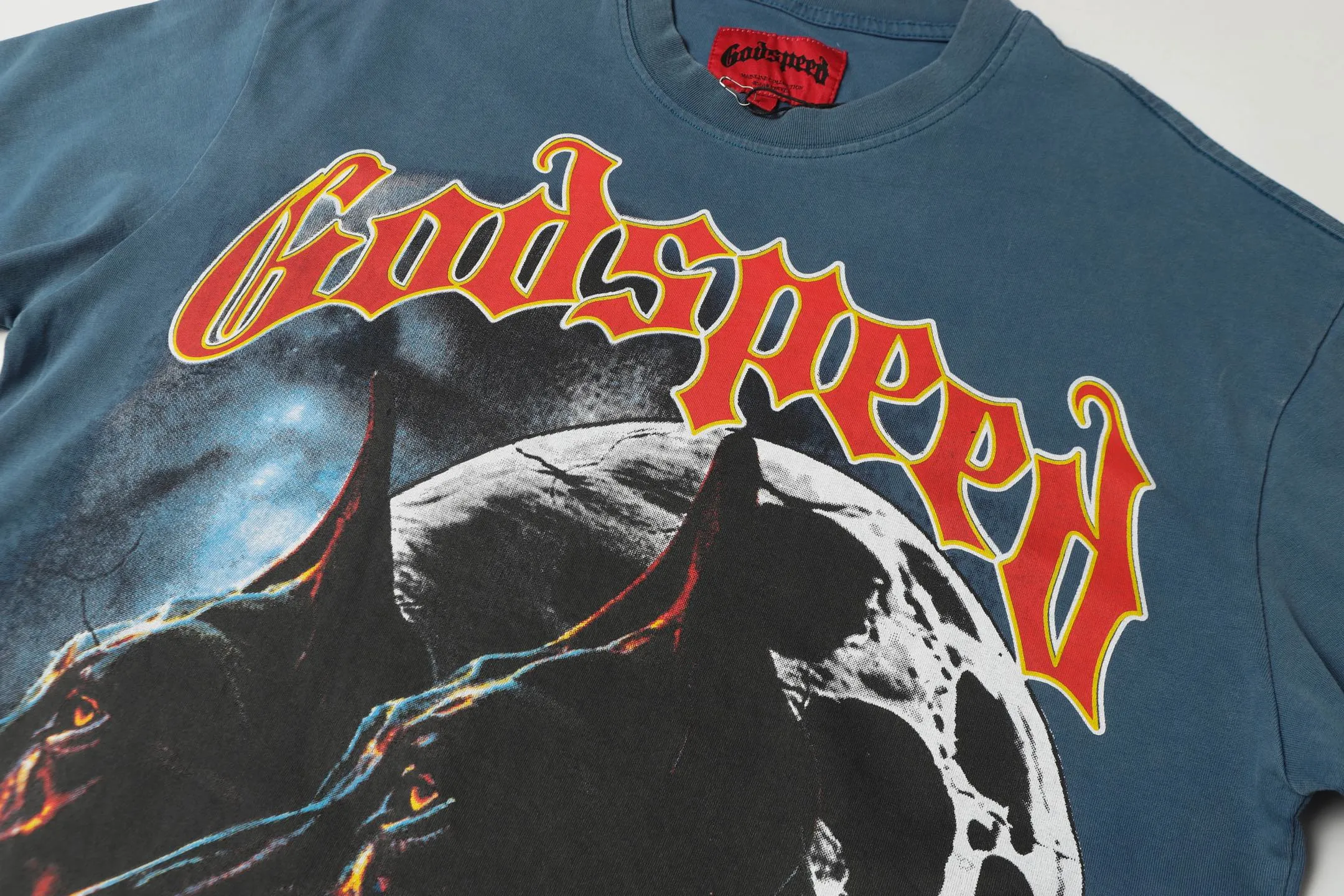 6001# washed denim blue (increased color) P116 godspeed cross-border European and American style street brand pure cotton T-shirt Fabric (fabric): 32 counts 250g washed combed double yarn pure cotton Size (size): S-M- L- X L Color (colour): washed denim blue/washed black