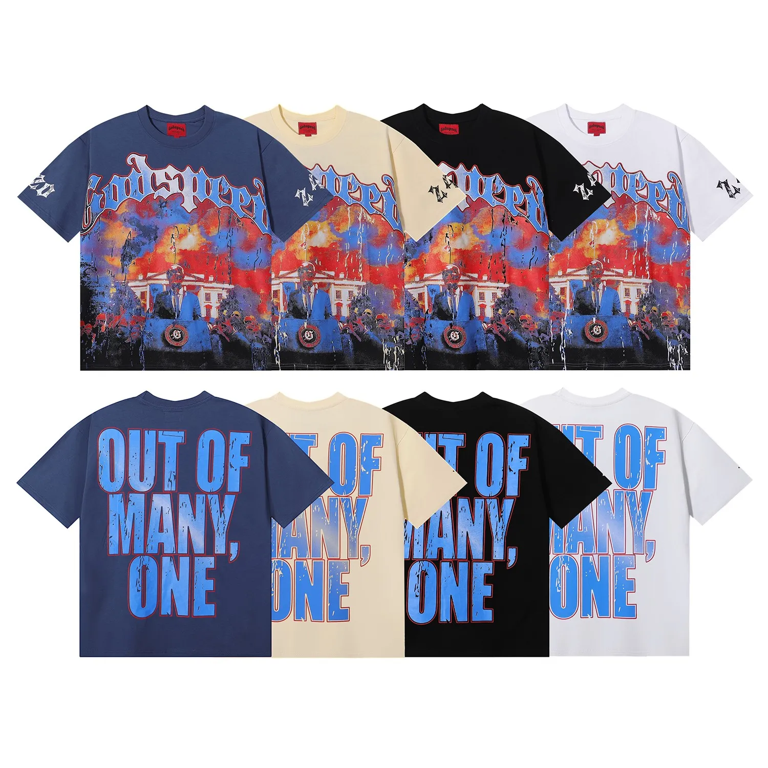 No. 7028, Mechao Godspeed speech skull print high quality double yarn pure cotton casual round neck short-sleeved T-shirt batch 110 Color: black, white, blue, apricot; Size: S M L XL