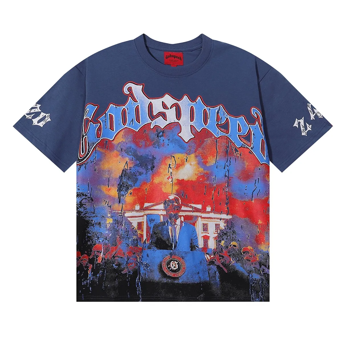 No. 7028, Mechao Godspeed speech skull print high quality double yarn pure cotton casual round neck short-sleeved T-shirt batch 110 Color: black, white, blue, apricot; Size: S M L XL