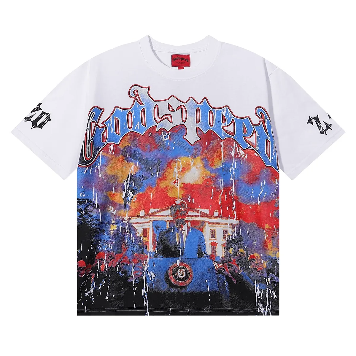 No. 7028, Mechao Godspeed speech skull print high quality double yarn pure cotton casual round neck short-sleeved T-shirt batch 110 Color: black, white, blue, apricot; Size: S M L XL