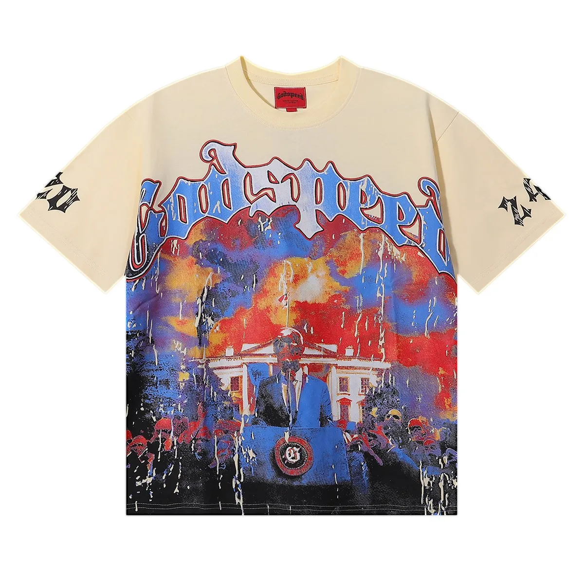 No. 7028, Mechao Godspeed speech skull print high quality double yarn pure cotton casual round neck short-sleeved T-shirt batch 110 Color: black, white, blue, apricot; Size: S M L XL