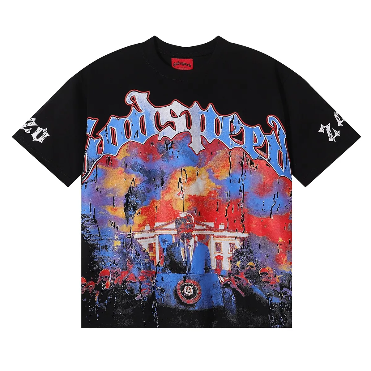 No. 7028, Mechao Godspeed speech skull print high quality double yarn pure cotton casual round neck short-sleeved T-shirt batch 110 Color: black, white, blue, apricot; Size: S M L XL