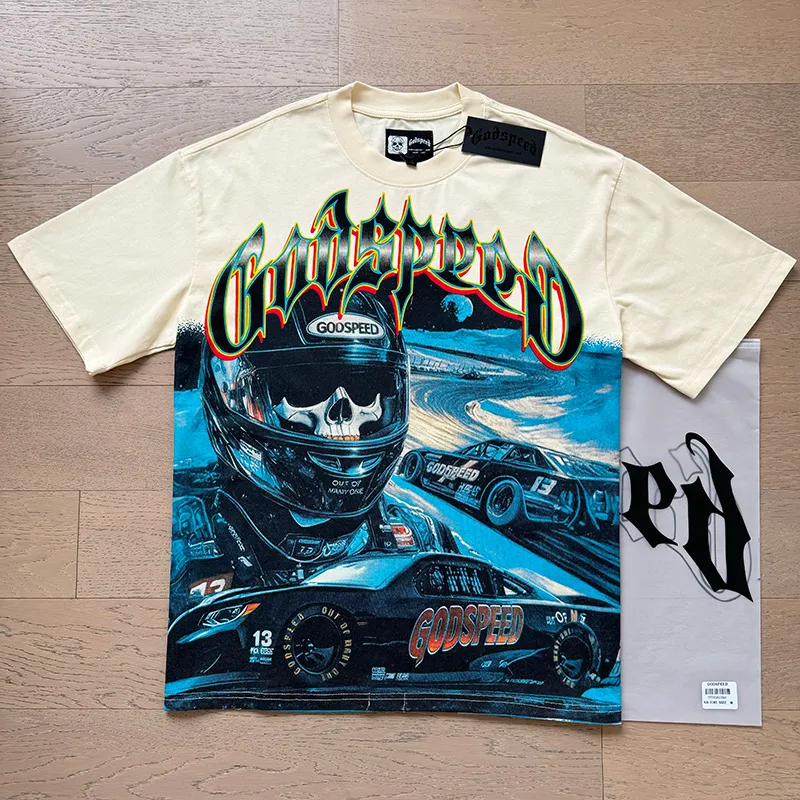 3165# P106 Real shot Godspeed American fashion rock street retro loose printed cotton short sleeves Fabric: 240g 32 count fine cotton double yarn pure cotton Color: apricot Size: S M L XL