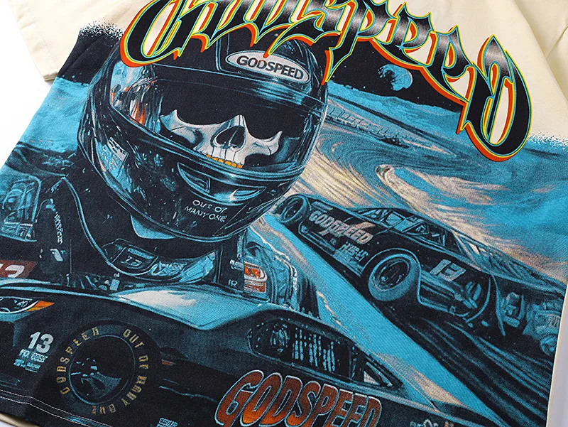 3165# P106 Real shot Godspeed American fashion rock street retro loose printed cotton short sleeves Fabric: 240g 32 count fine cotton double yarn pure cotton Color: apricot Size: S M L XL