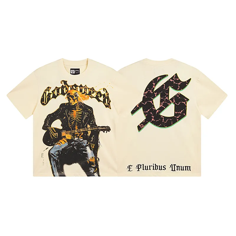 3008# P110 Real shot Godspeed American fashion rock street retro loose printed cotton short sleeves Fabric: 240g 32 count fine cotton double yarn pure cotton Color: apricot Size: S M L XL