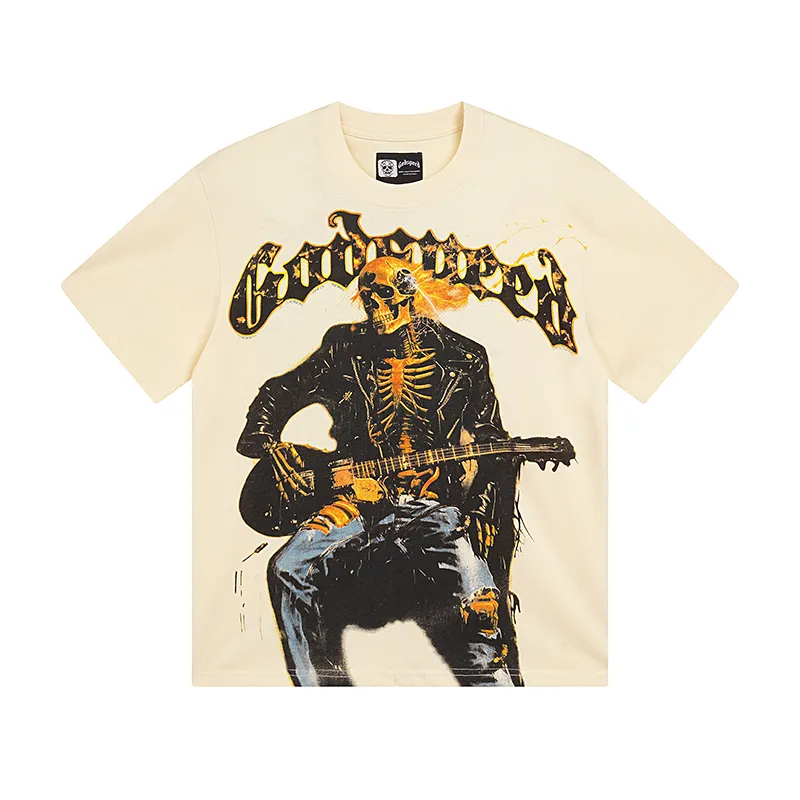 3008# P110 Real shot Godspeed American fashion rock street retro loose printed cotton short sleeves Fabric: 240g 32 count fine cotton double yarn pure cotton Color: apricot Size: S M L XL