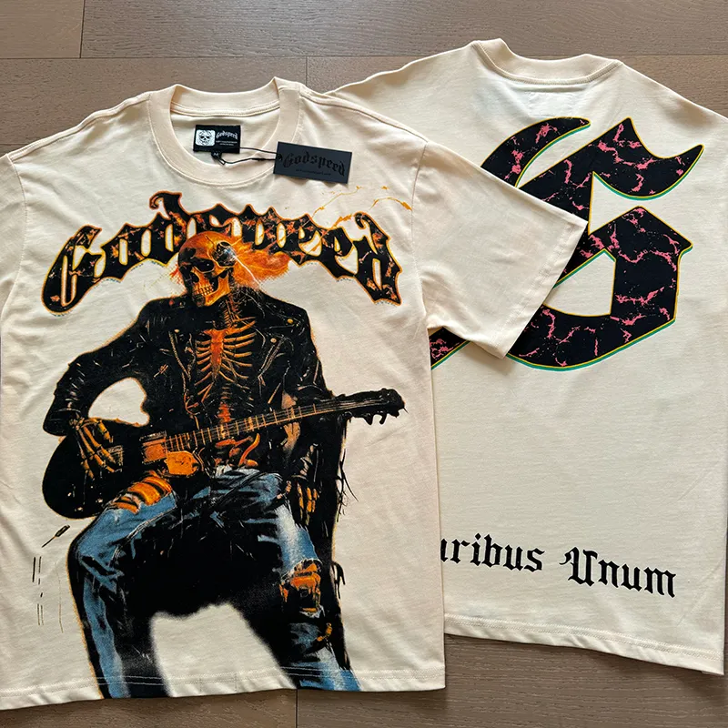 3008# P110 Real shot Godspeed American fashion rock street retro loose printed cotton short sleeves Fabric: 240g 32 count fine cotton double yarn pure cotton Color: apricot Size: S M L XL