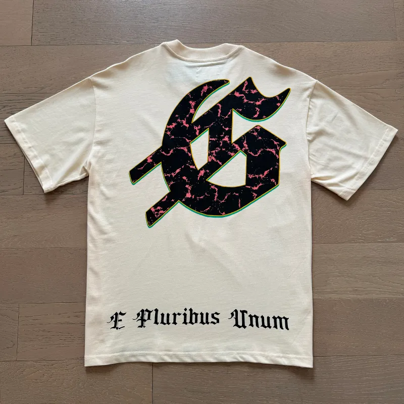 3008# P110 Real shot Godspeed American fashion rock street retro loose printed cotton short sleeves Fabric: 240g 32 count fine cotton double yarn pure cotton Color: apricot Size: S M L XL
