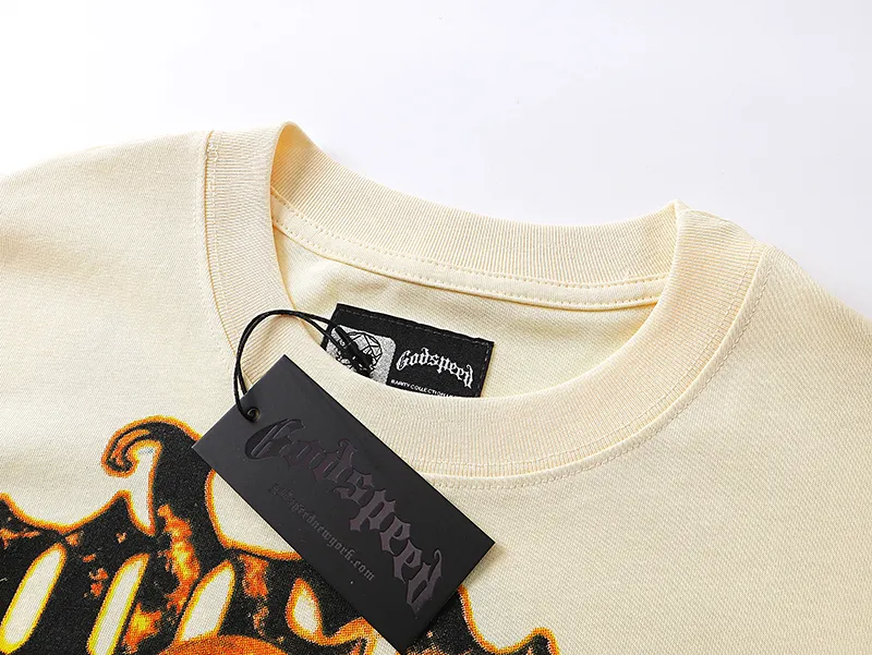 3008# P110 Real shot Godspeed American fashion rock street retro loose printed cotton short sleeves Fabric: 240g 32 count fine cotton double yarn pure cotton Color: apricot Size: S M L XL