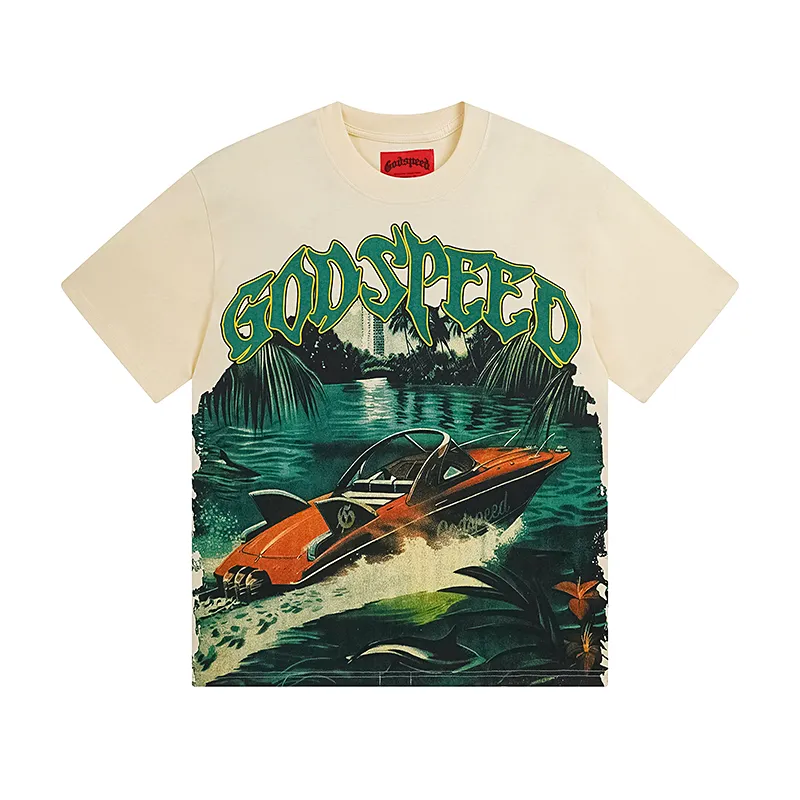 3067# P110 Real shot Godspeed American fashion rock street retro loose printed cotton short sleeves Fabric: 240g 32 count fine cotton double yarn pure cotton Color: apricot Size: S M L XL