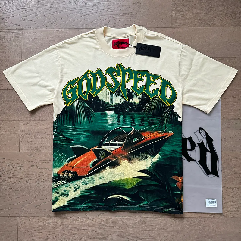 3067# P110 Real shot Godspeed American fashion rock street retro loose printed cotton short sleeves Fabric: 240g 32 count fine cotton double yarn pure cotton Color: apricot Size: S M L XL