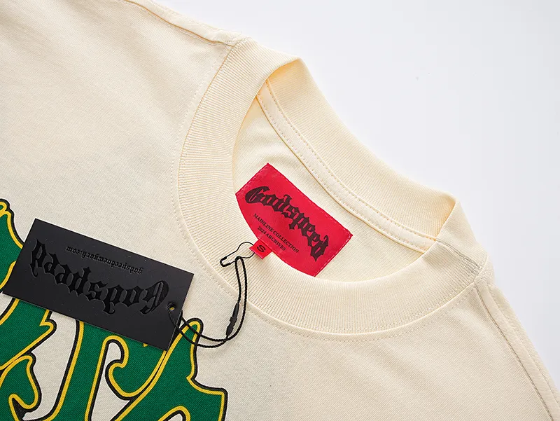 3067# P110 Real shot Godspeed American fashion rock street retro loose printed cotton short sleeves Fabric: 240g 32 count fine cotton double yarn pure cotton Color: apricot Size: S M L XL