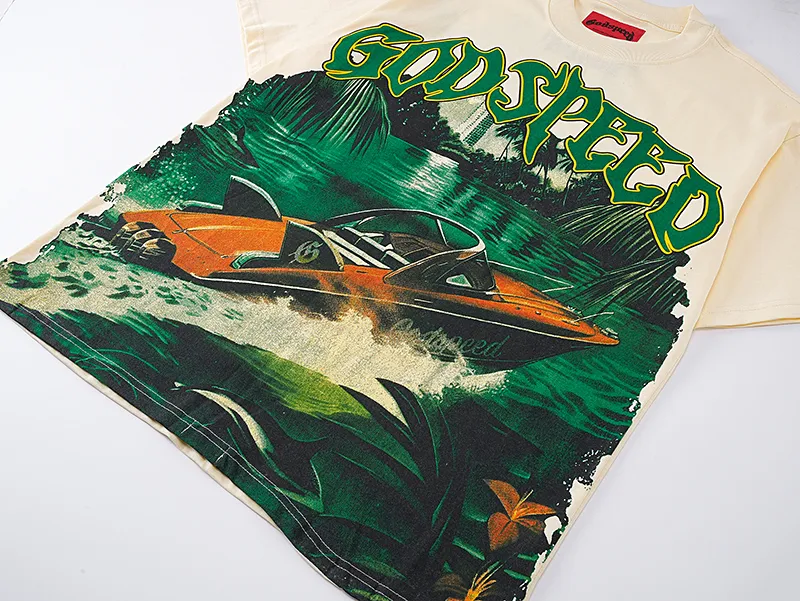 3067# P110 Real shot Godspeed American fashion rock street retro loose printed cotton short sleeves Fabric: 240g 32 count fine cotton double yarn pure cotton Color: apricot Size: S M L XL