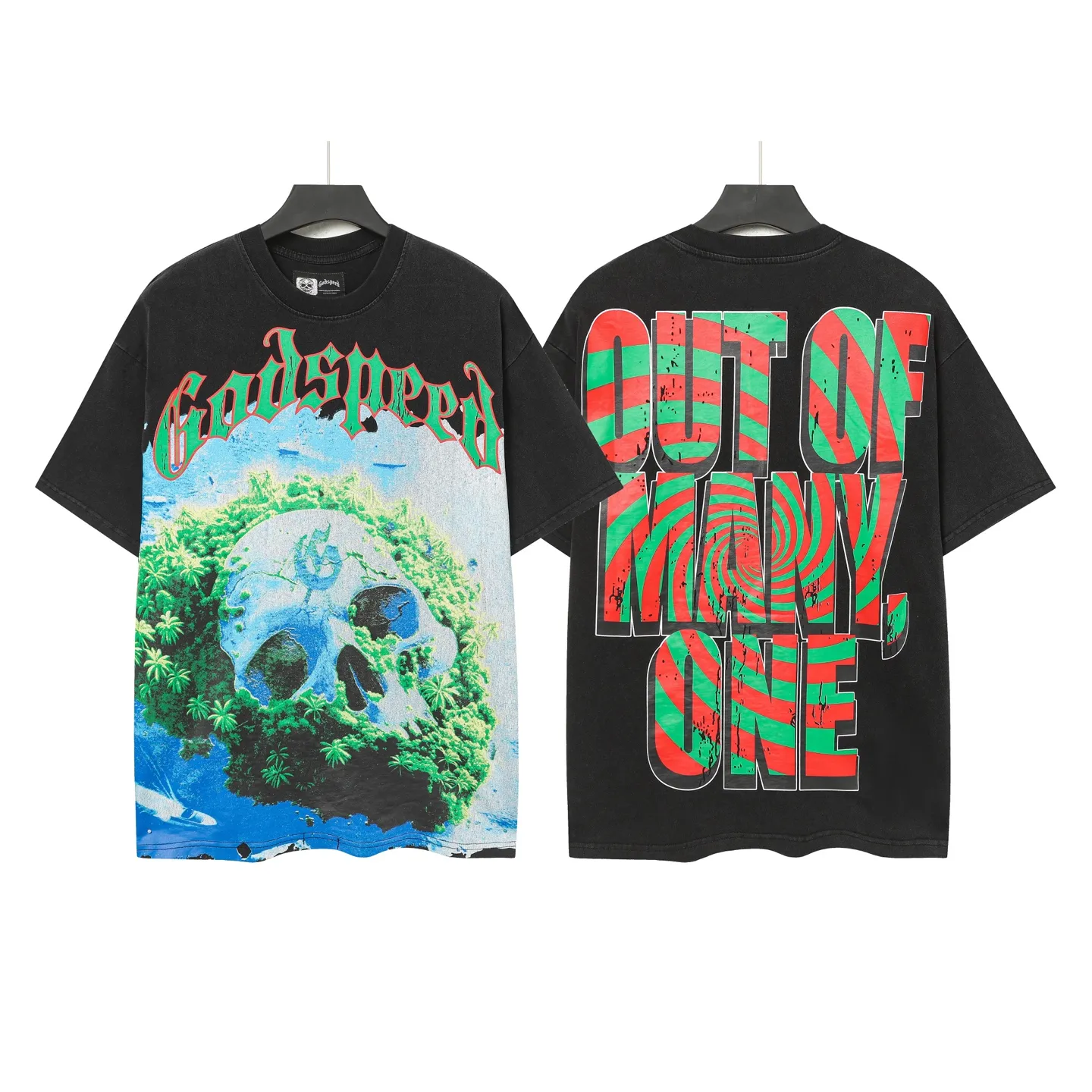 6005# washed black｜P116 Godspeed cross-border American rock and roll street washed retro style short-sleeved T (craft printing) fabric (fabric): 32-count combed double yarn 250 grams weight code number (size): S-M-L-XL color (colour): washed black