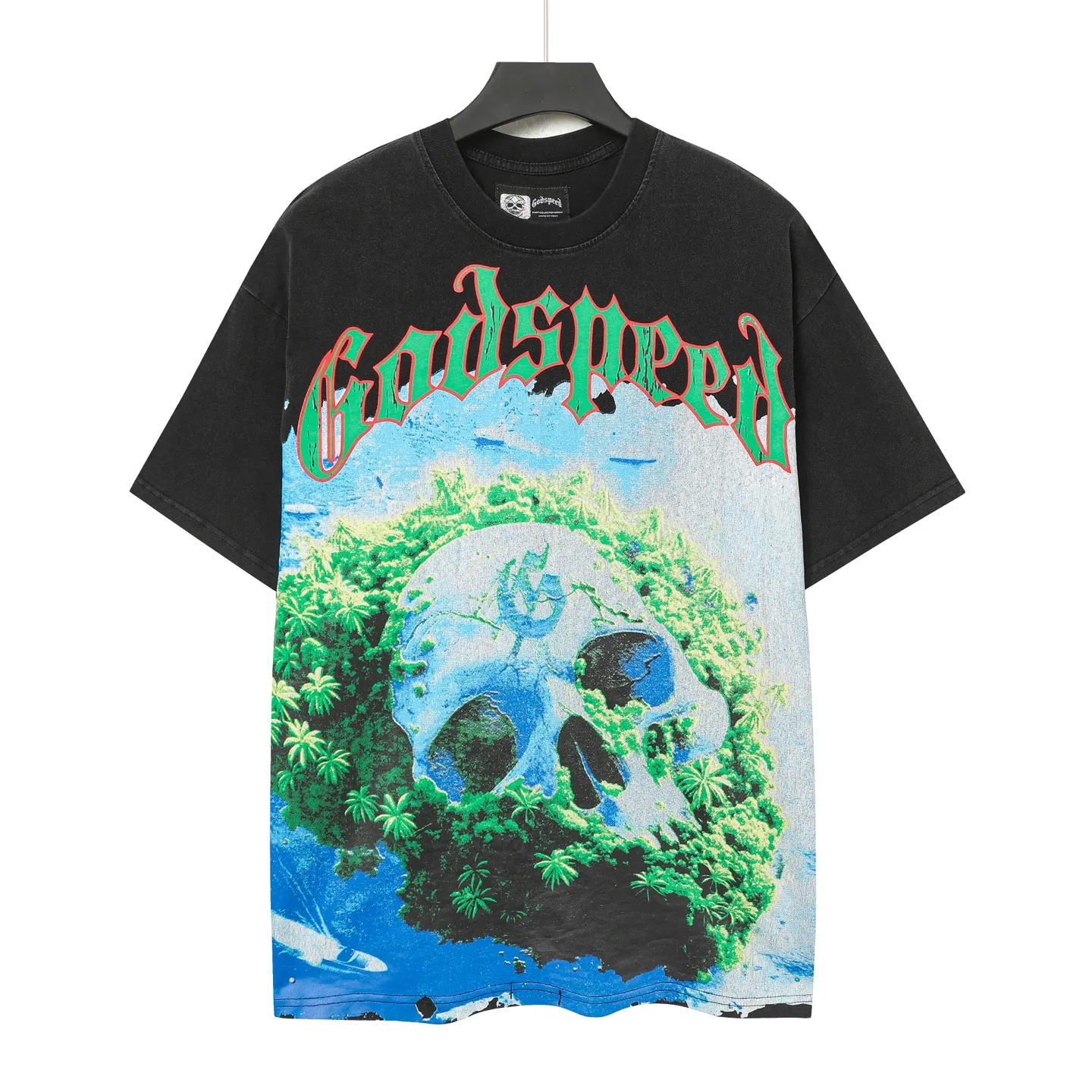 6005# washed black｜P116 Godspeed cross-border American rock and roll street washed retro style short-sleeved T (craft printing) fabric (fabric): 32-count combed double yarn 250 grams weight code number (size): S-M-L-XL color (colour): washed black