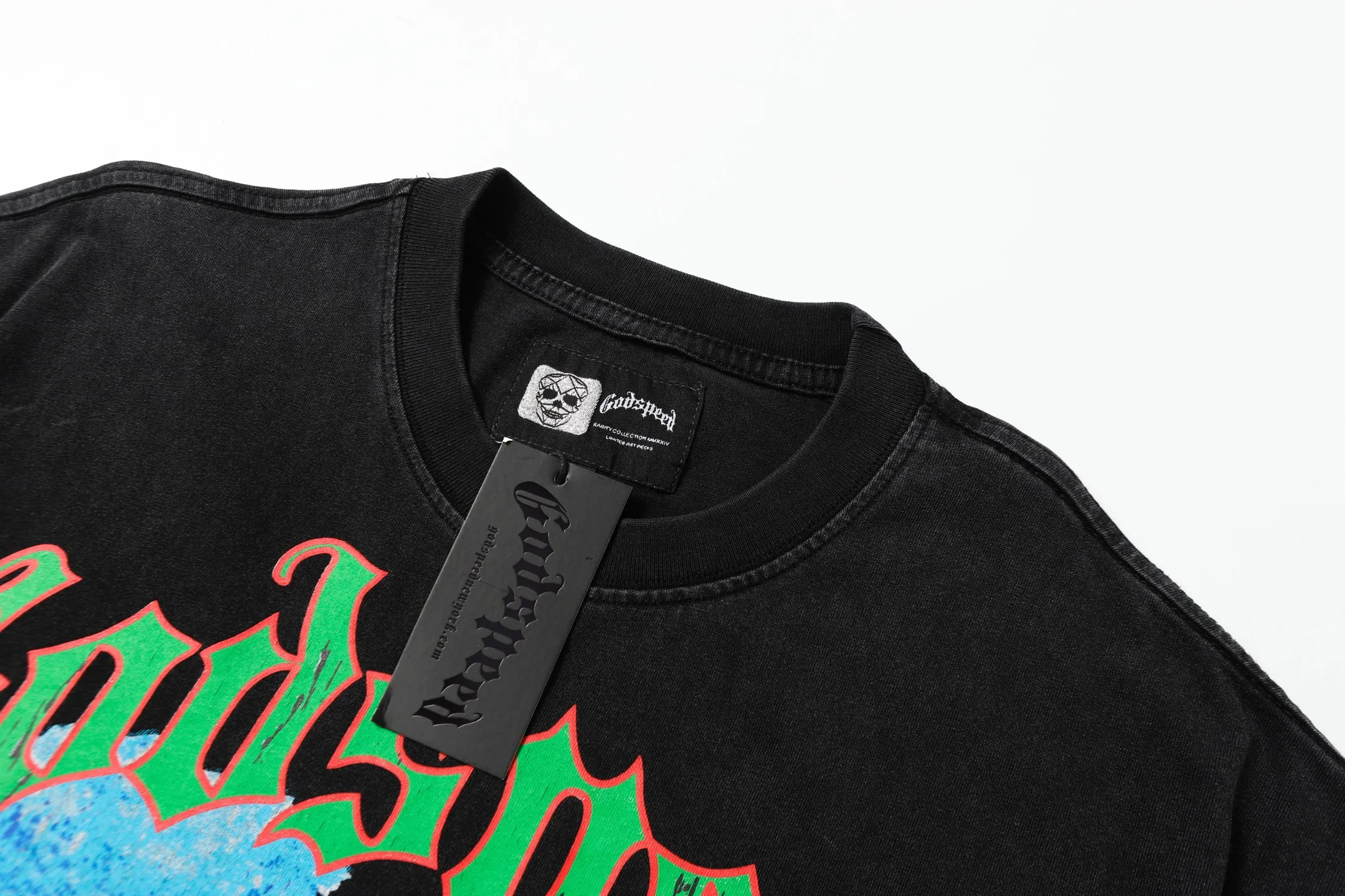 6005# washed black｜P116 Godspeed cross-border American rock and roll street washed retro style short-sleeved T (craft printing) fabric (fabric): 32-count combed double yarn 250 grams weight code number (size): S-M-L-XL color (colour): washed black