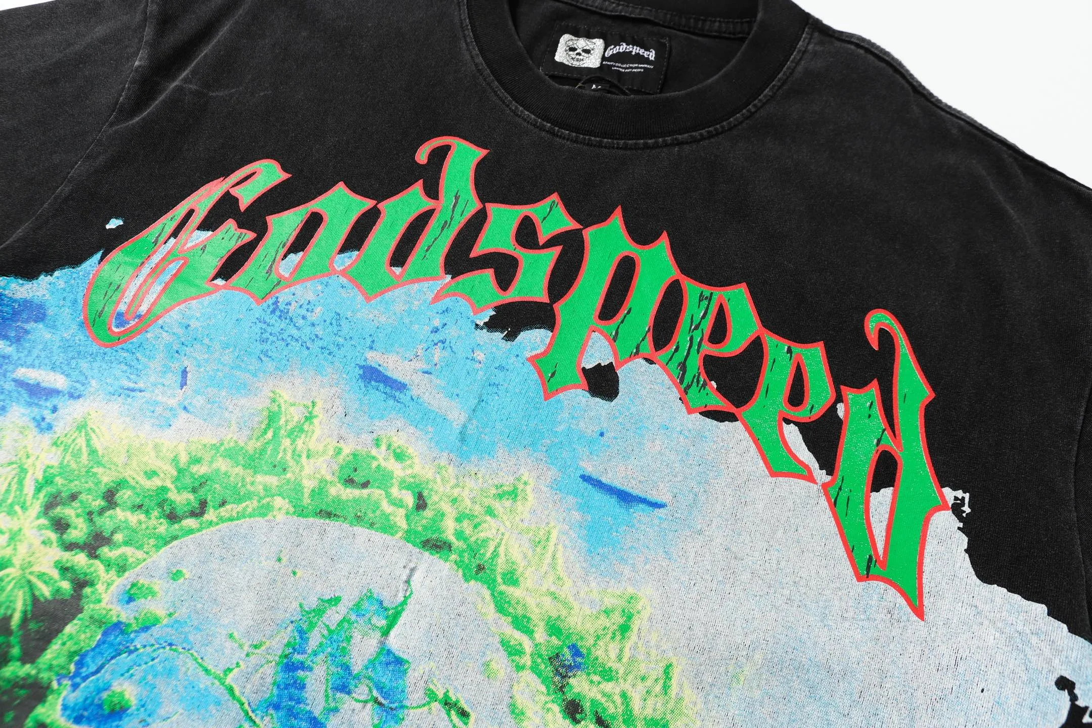 6005# washed black｜P116 Godspeed cross-border American rock and roll street washed retro style short-sleeved T (craft printing) fabric (fabric): 32-count combed double yarn 250 grams weight code number (size): S-M-L-XL color (colour): washed black