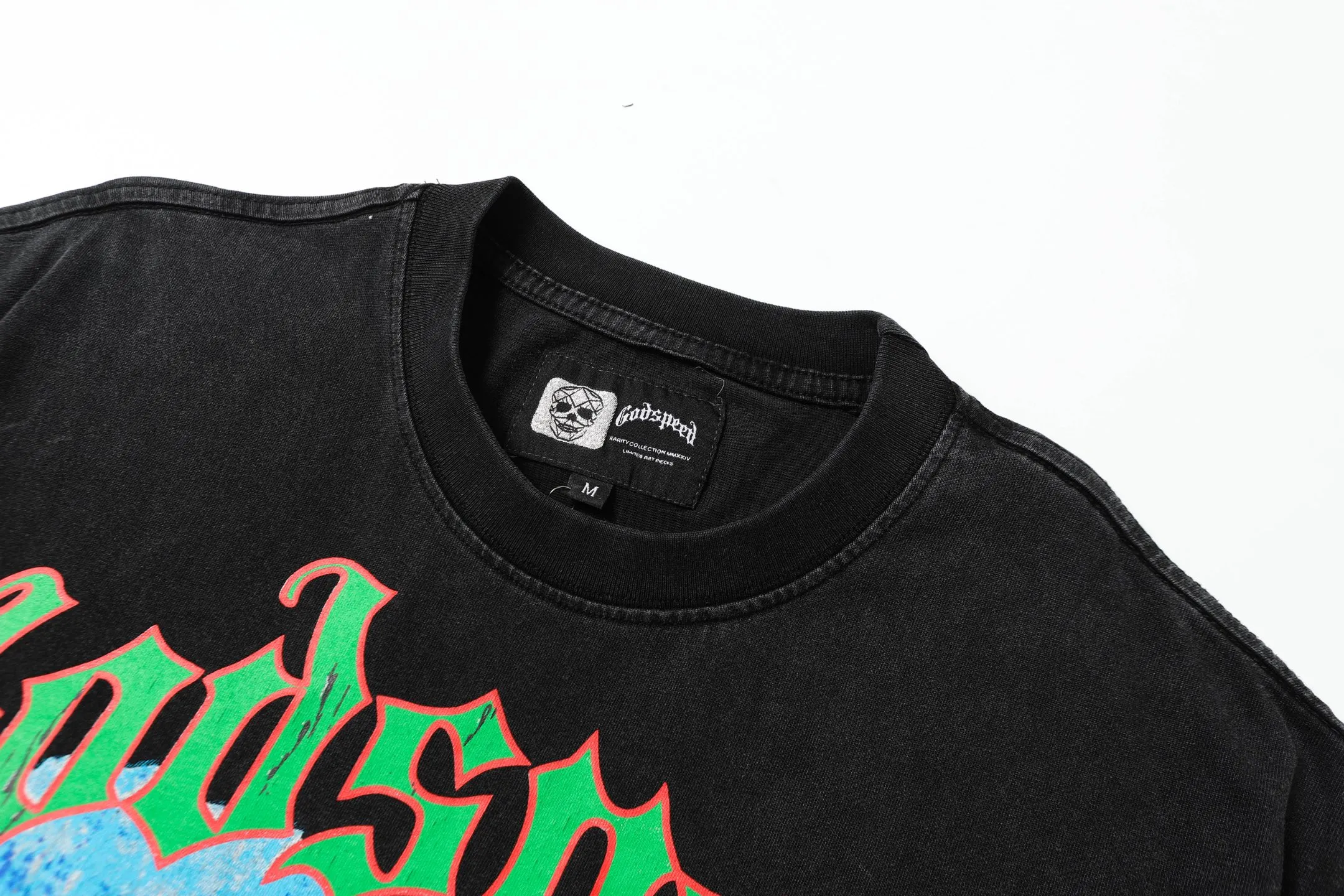 6005# washed black｜P116 Godspeed cross-border American rock and roll street washed retro style short-sleeved T (craft printing) fabric (fabric): 32-count combed double yarn 250 grams weight code number (size): S-M-L-XL color (colour): washed black