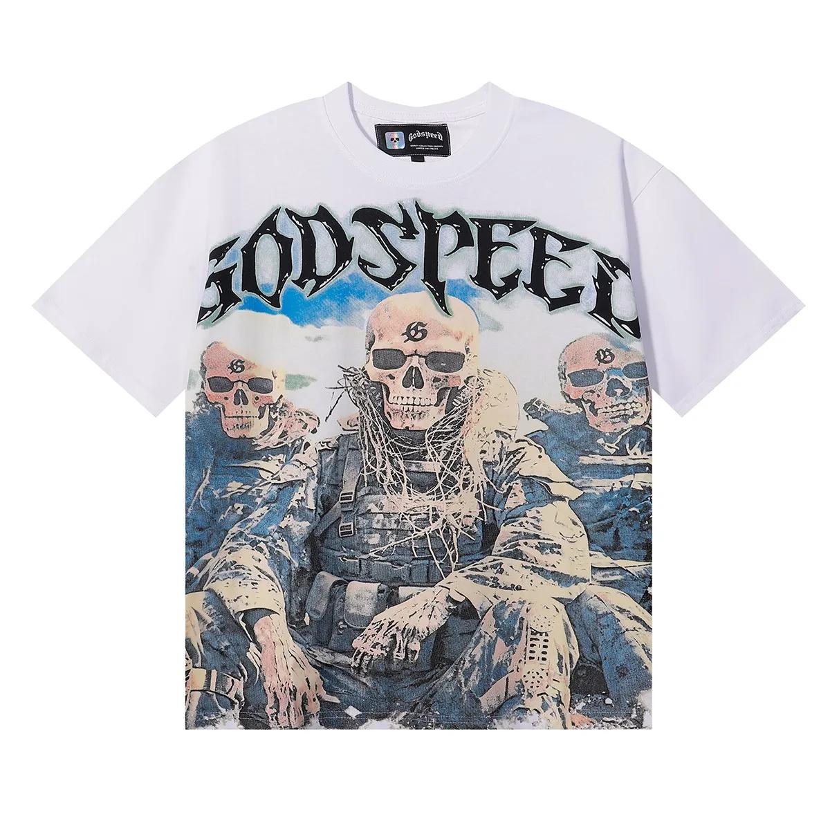 No. 7052, Mechao Godspeed Skeleton Marines printed high weight double yarn pure cotton casual short-sleeved T-shirt batch 110 Color: black, white; Size: S M L XL
