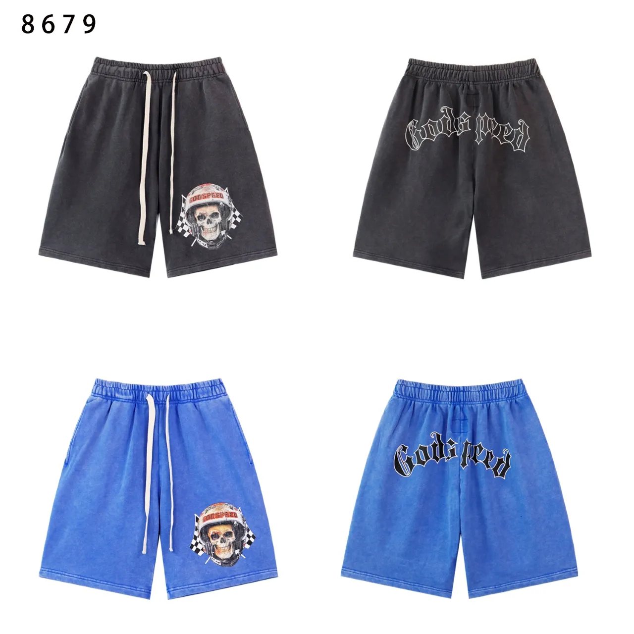 Style No.: 8679 Fabric: 380g washed P150 Real shot in stock beautiful Godspeed printed high quality double yarn casual fashion brand washed distressed shorts Color; washed black washed blue Code number: S M L XL