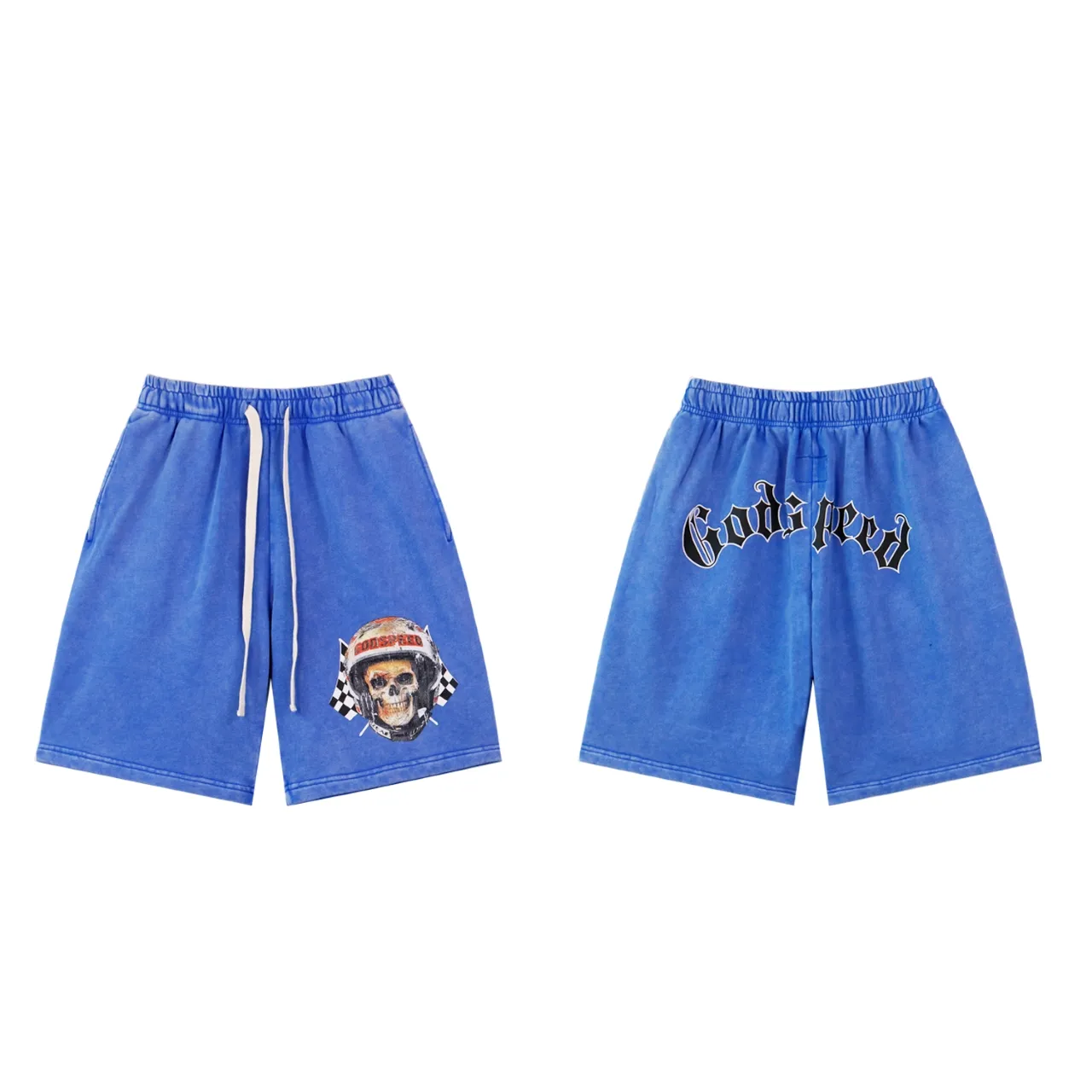 Style No.: 8679 Fabric: 380g washed P150 Real shot in stock beautiful Godspeed printed high quality double yarn casual fashion brand washed distressed shorts Color; washed black washed blue Code number: S M L XL