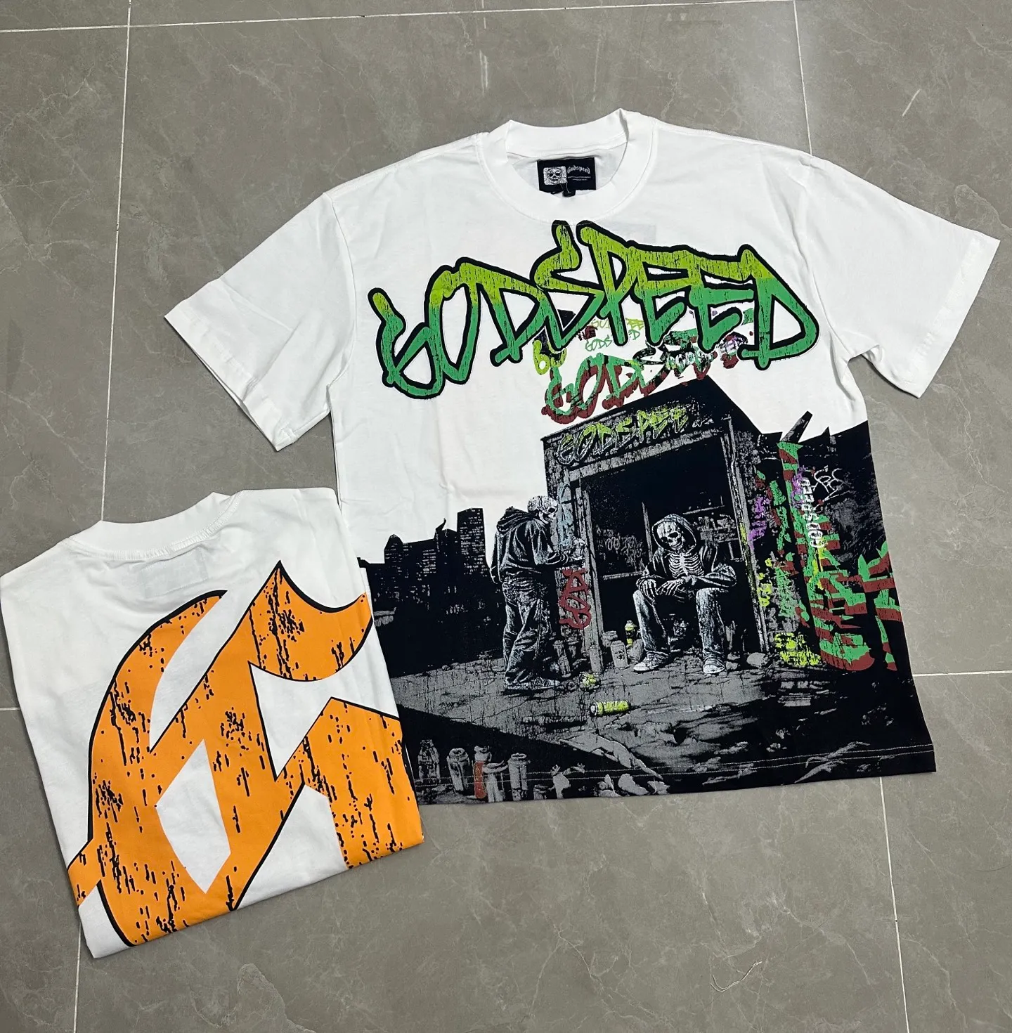 52💰5318#White I Official high-definition photo Godspeed cross-border American rock and roll street washed retro style short-sleeved T (craft printing) fabric (fabric): 32-count combed double yarn 240 grams weight code number (size): S-M-L-XL color (colour): white
