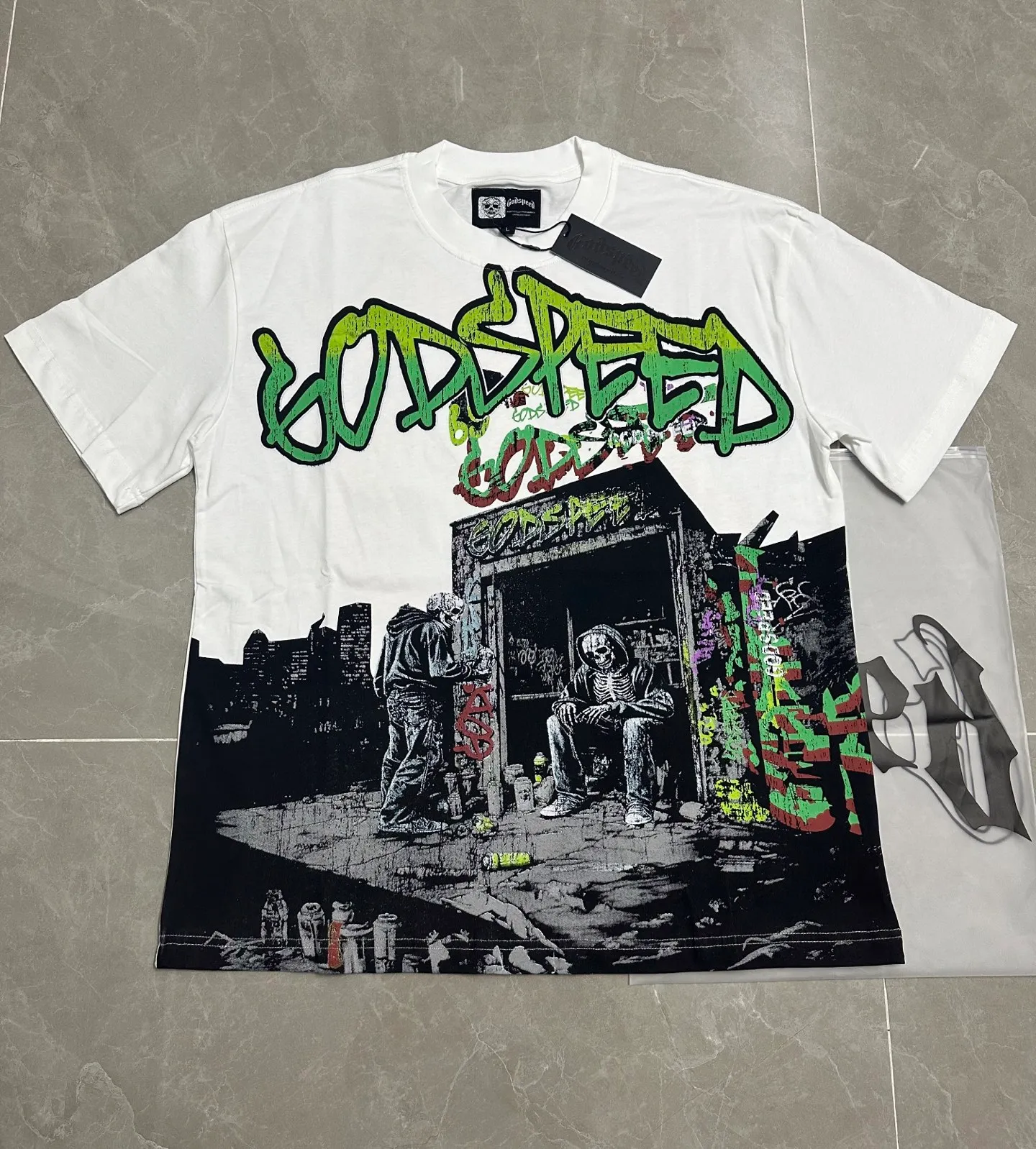 52💰5318#White I Official high-definition photo Godspeed cross-border American rock and roll street washed retro style short-sleeved T (craft printing) fabric (fabric): 32-count combed double yarn 240 grams weight code number (size): S-M-L-XL color (colour): white