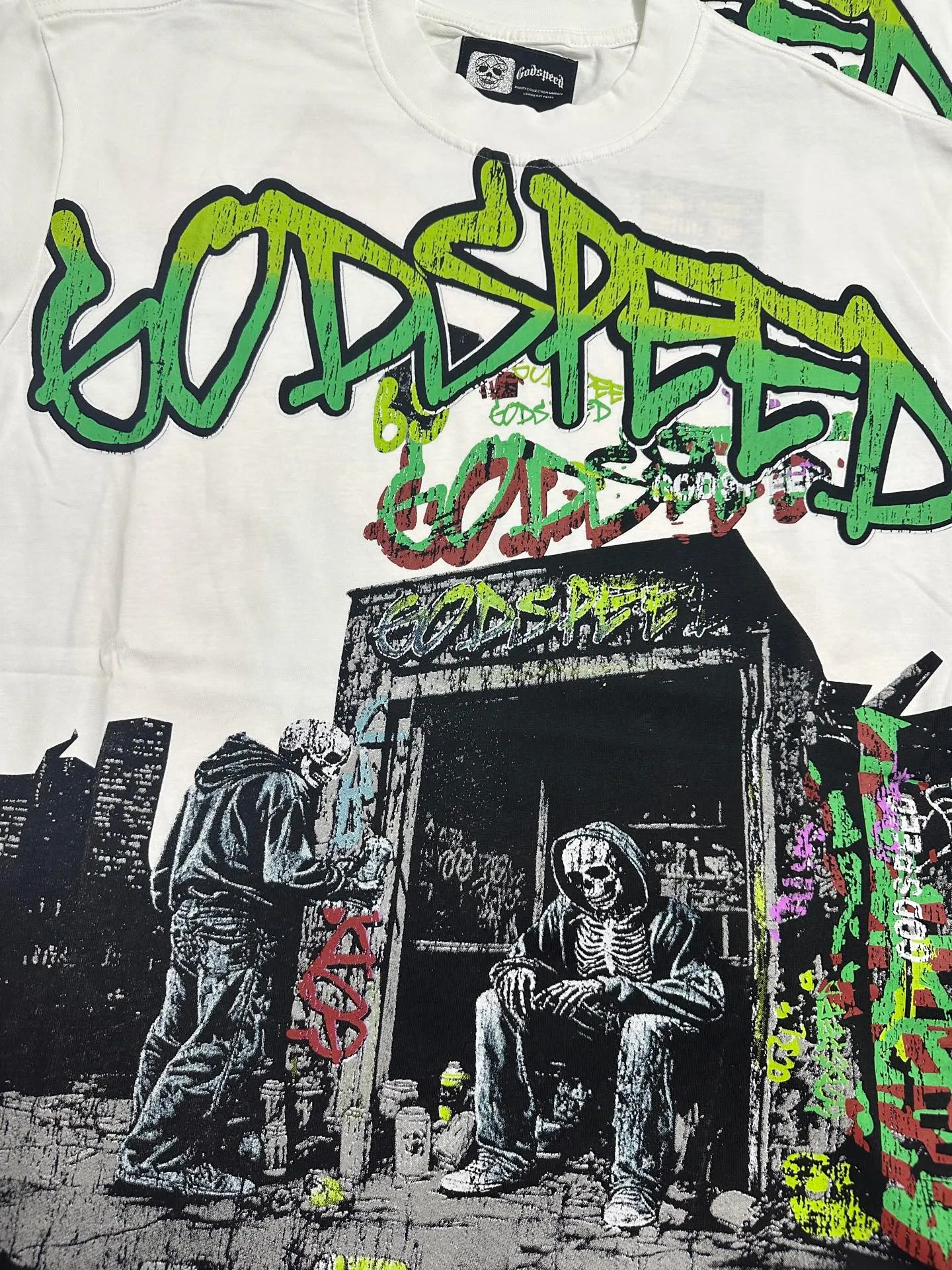 52💰5318#White I Official high-definition photo Godspeed cross-border American rock and roll street washed retro style short-sleeved T (craft printing) fabric (fabric): 32-count combed double yarn 240 grams weight code number (size): S-M-L-XL color (colour): white