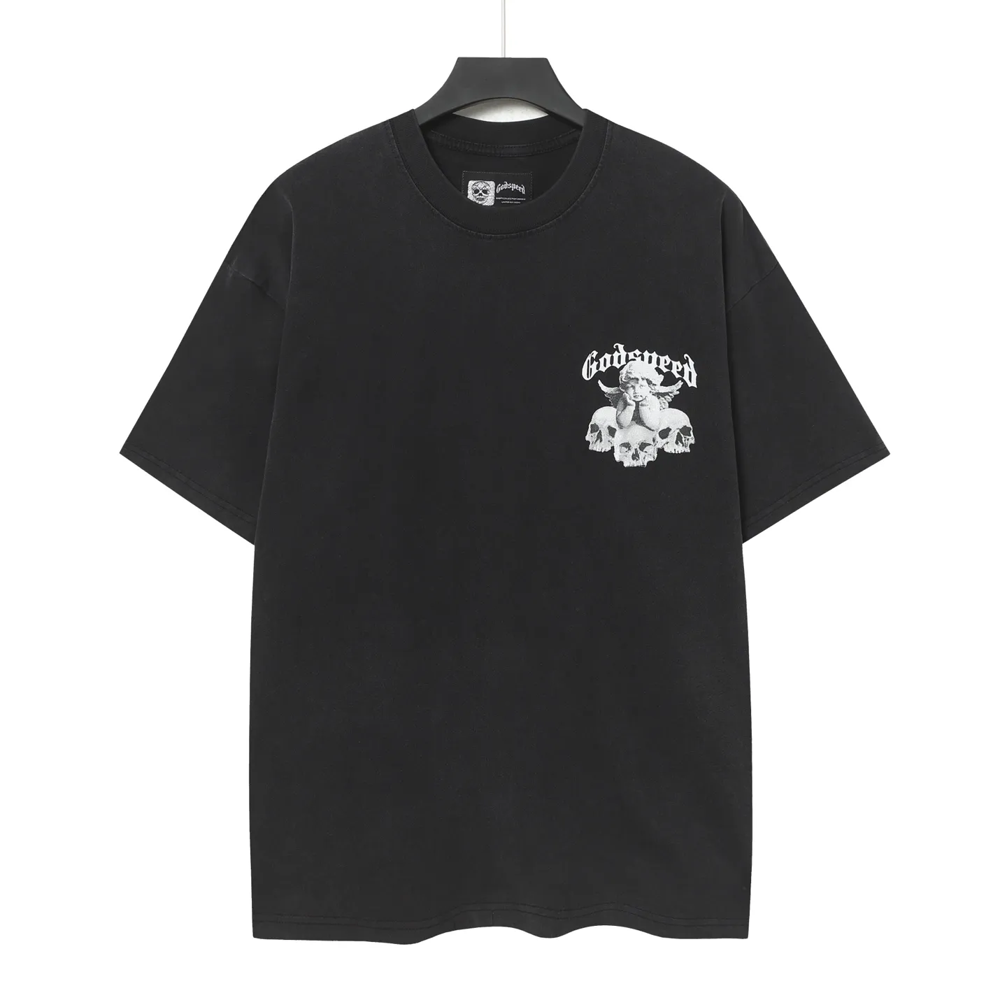 6092#washed black ｜ P116 Godspeed cross-border American rock and roll street washed retro style short-sleeved T (craft printing) fabric (fabric): 32-count combed double yarn 250 grams weight code (size): S-M-L-XL color (colour): washed black 👉