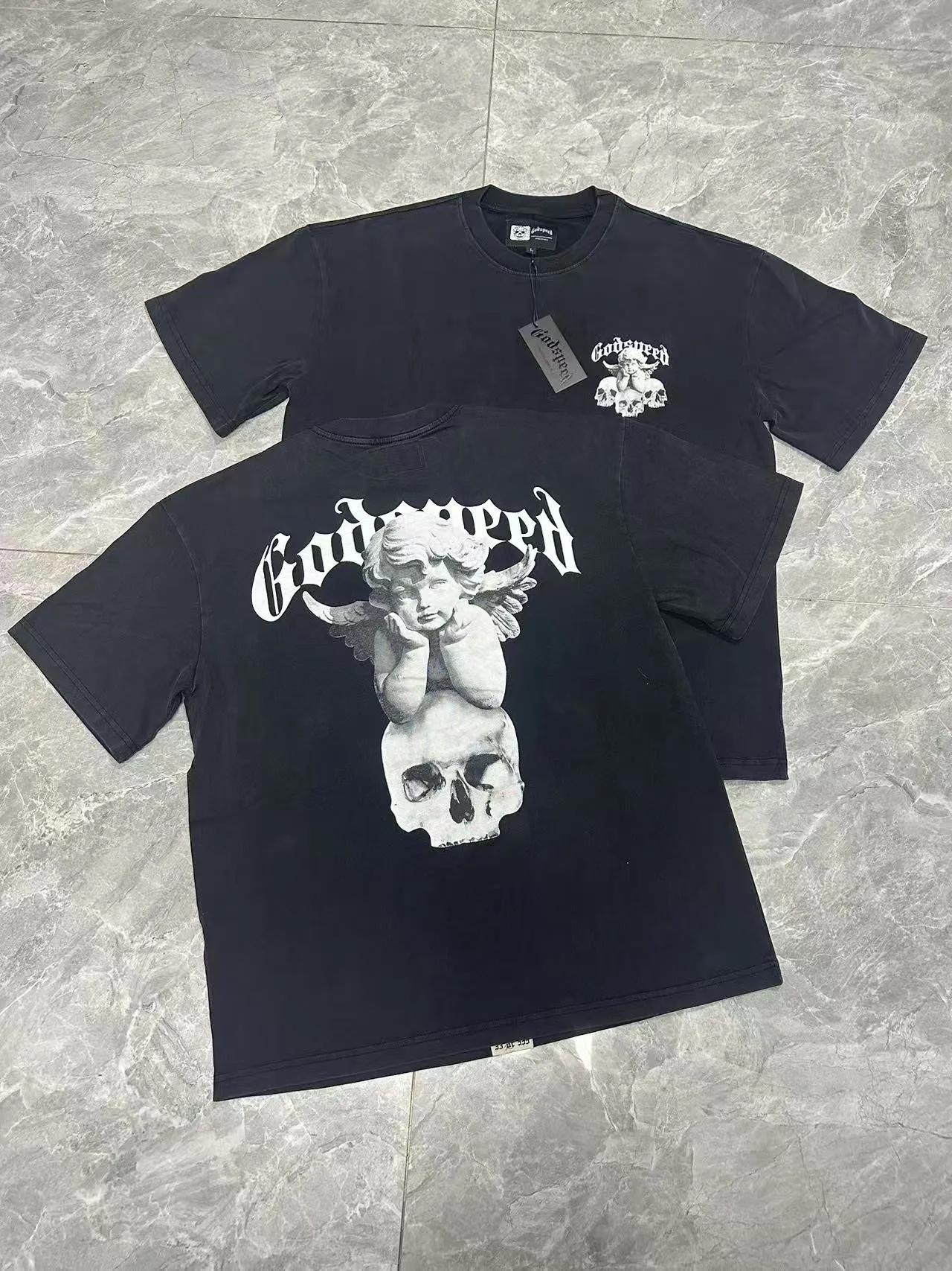 6092#washed black ｜ P116 Godspeed cross-border American rock and roll street washed retro style short-sleeved T (craft printing) fabric (fabric): 32-count combed double yarn 250 grams weight code (size): S-M-L-XL color (colour): washed black 👉