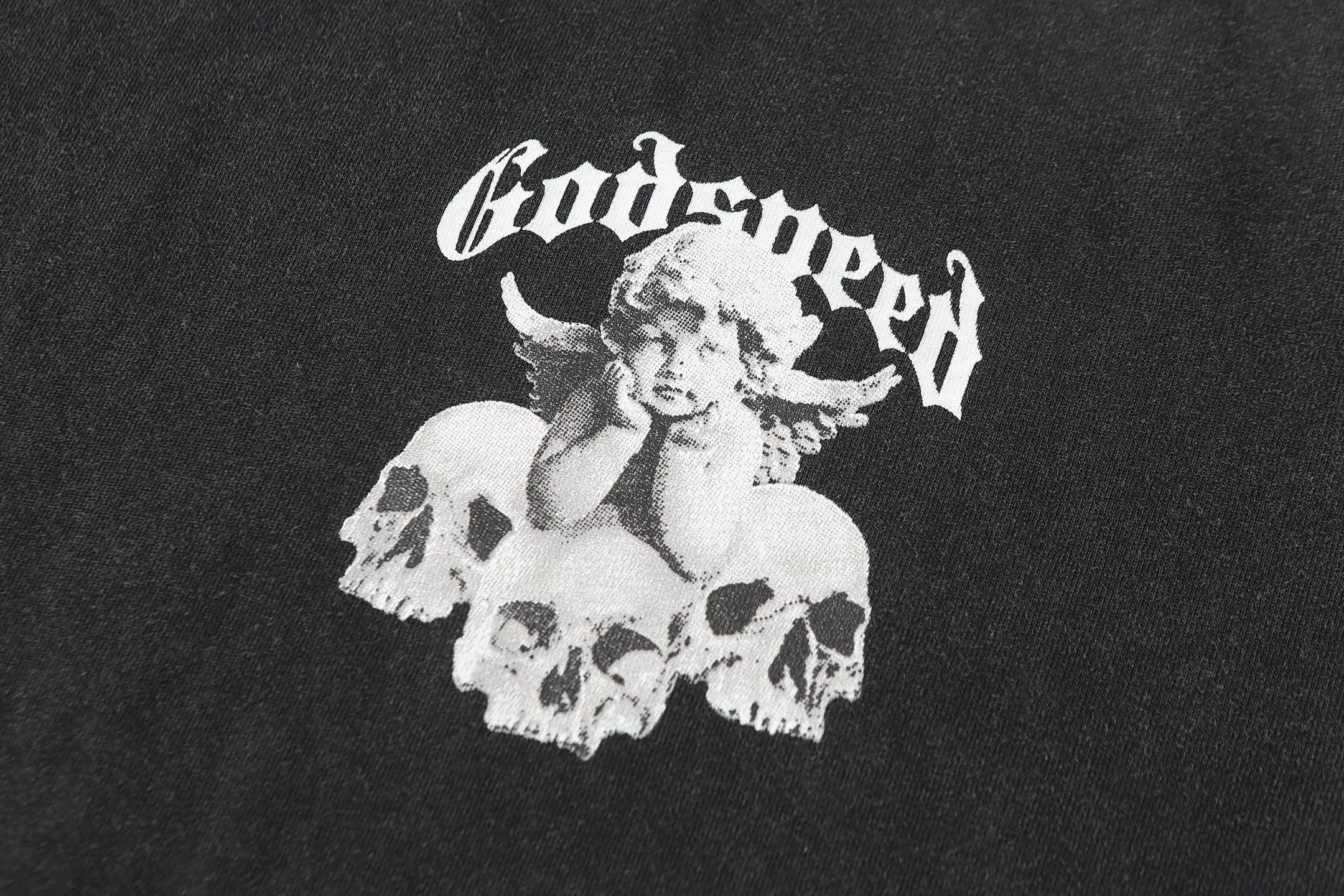 6092#washed black ｜ P116 Godspeed cross-border American rock and roll street washed retro style short-sleeved T (craft printing) fabric (fabric): 32-count combed double yarn 250 grams weight code (size): S-M-L-XL color (colour): washed black 👉