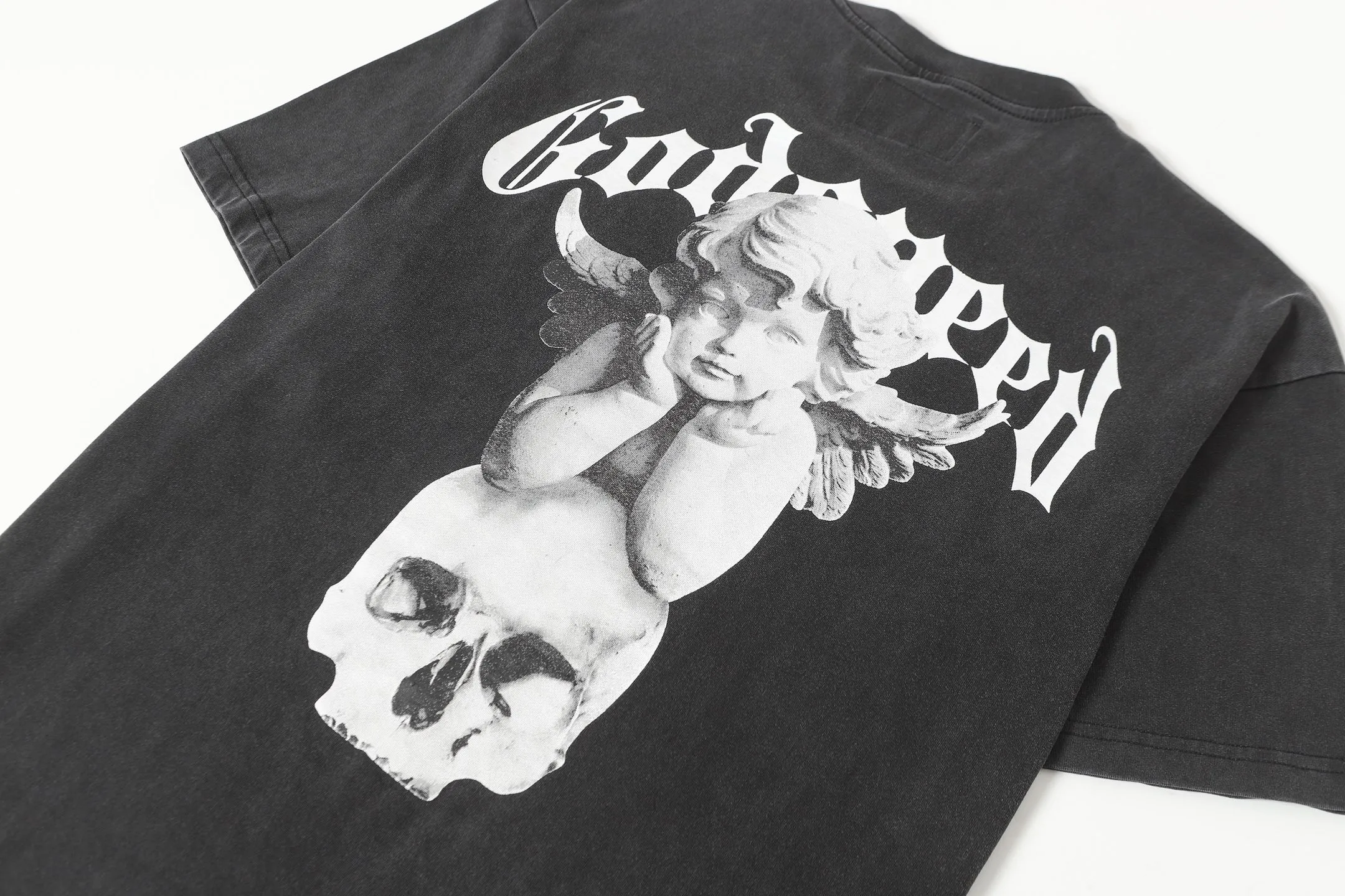 6092#washed black ｜ P116 Godspeed cross-border American rock and roll street washed retro style short-sleeved T (craft printing) fabric (fabric): 32-count combed double yarn 250 grams weight code (size): S-M-L-XL color (colour): washed black 👉