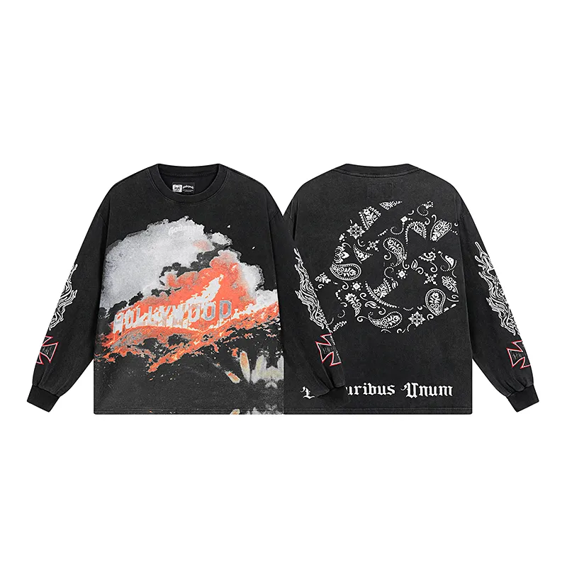 1107# P160 Washed Black Real Shot Godspeed American Fashion Rock Street Retro Washed Distressed Printed Pure Cotton Short Sleeves Fabric: 270g 32 Count Fine Cotton Double Yarn Pure Cotton Color: Washed Black Size: S M L XL