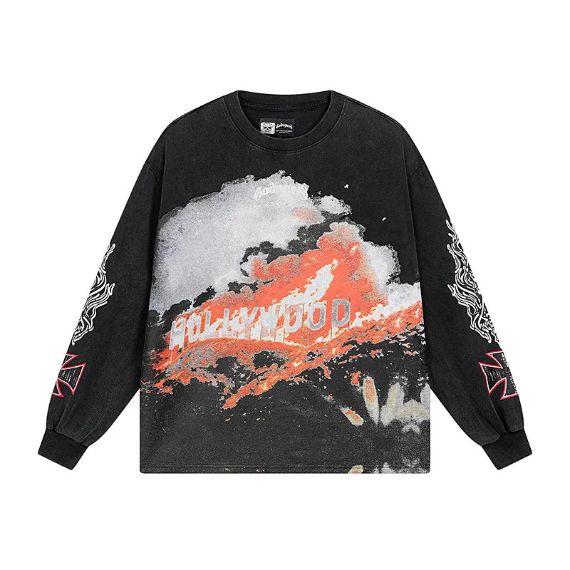 1107# P160 Washed Black Real Shot Godspeed American Fashion Rock Street Retro Washed Distressed Printed Pure Cotton Short Sleeves Fabric: 270g 32 Count Fine Cotton Double Yarn Pure Cotton Color: Washed Black Size: S M L XL