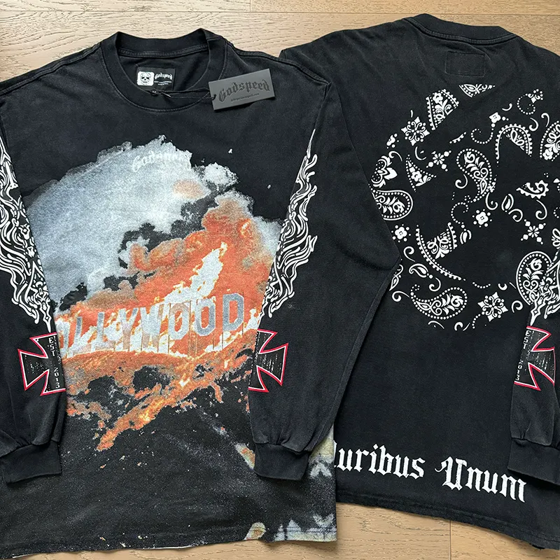 1107# P160 Washed Black Real Shot Godspeed American Fashion Rock Street Retro Washed Distressed Printed Pure Cotton Short Sleeves Fabric: 270g 32 Count Fine Cotton Double Yarn Pure Cotton Color: Washed Black Size: S M L XL